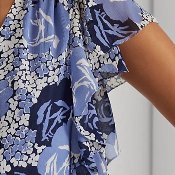 NWTs Ralph Lauren Floral Crinkle Georgette Shirt Blue $125 msrp Large LG - Picture 2 of 7